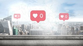 Animation of icons with growing numbers and scope scanning over cityscape. Global social media, computing and digital interface concept digitally generated video. - Powered by Shutterstock - Get 15% off with code: PIKWIZARD15