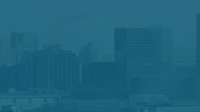 Animation of pound symbol over cityscape and data processing. Global finances, computing and digital interface concept digitally generated video.