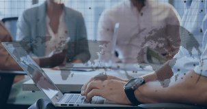 Animation of data processing over world map and globe business people working in office. Global business, finance and data processing concept digitally generated video. - Powered by Shutterstock - Get 15% off with code: PIKWIZARD15