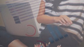 Animation of financial data processing over caucasian woman using tablet in office. Global business, finances, computing and data processing concept digitally generated video. - Powered by Shutterstock - Get 15% off with code: PIKWIZARD15