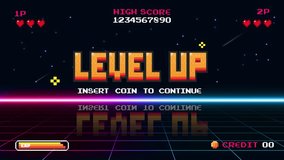 Level up screen. Retro pixel arcade machine 8 bit monitor vintage console 1980s. - Powered by Shutterstock - Get 15% off with code: PIKWIZARD15