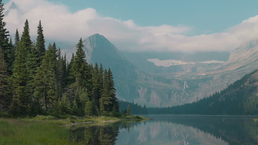 Calm Montana lake with mountains and trees in serene landscape