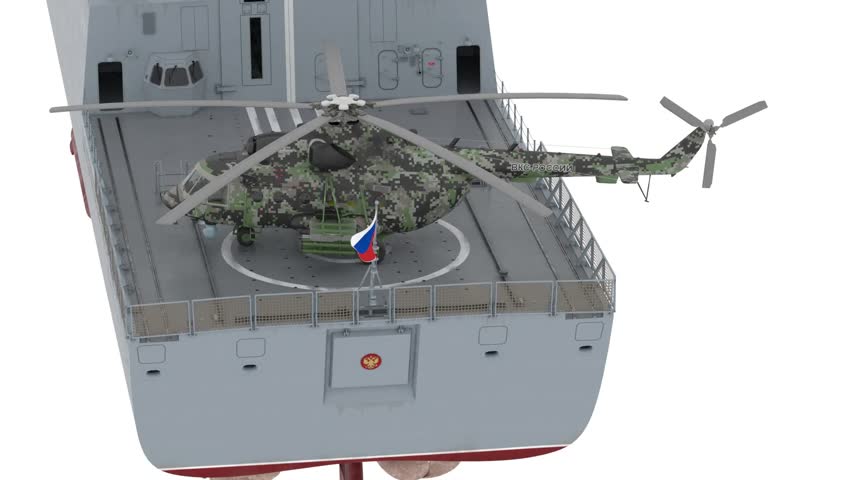 Naval frigate with a helicopter taking off from the deck, showing coordinated maritime and aviation operations at sea. Dynamic military footage suitable for defense, naval technology, and aviation content.


