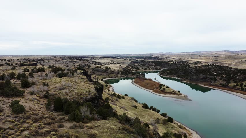 Aerial view over the Snake River passing through Massacre Rocks State Park in Idaho.