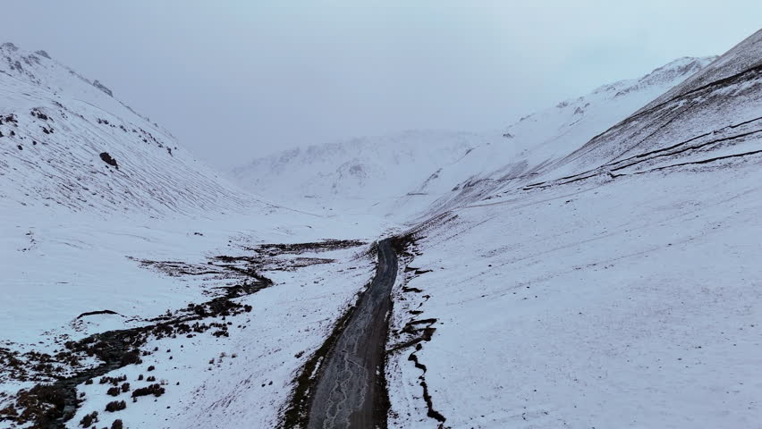 Mountain Road In Snowy Pass Kyrgyzstan Tien Shan Drone View