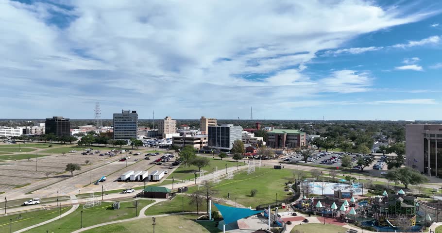 Aerial view of downtown buildings in Lake Charles, Louisiana