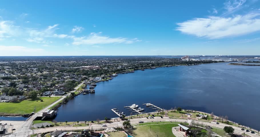 Drone view of beautiful Lake Charles in Louisiana on a sunny day