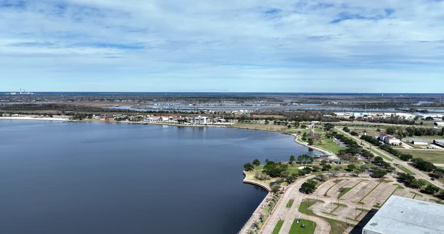 Aerial view of Lake Charles in Louisiana and surrounding buildings