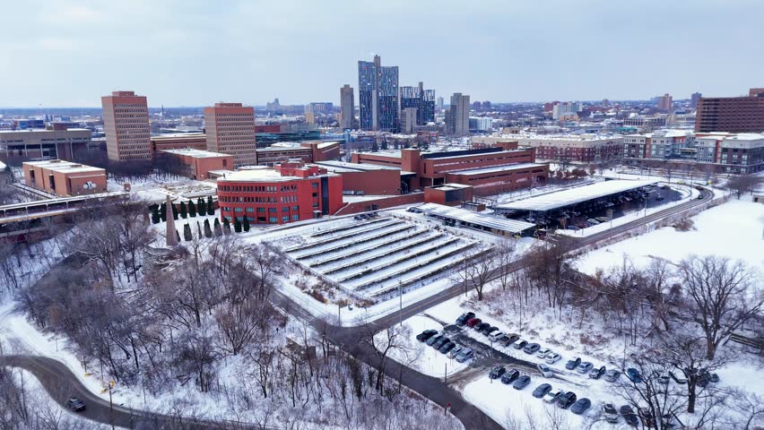 Aerial view of Minneapolis skyline and university campus covered in snow, Minnesota, USA