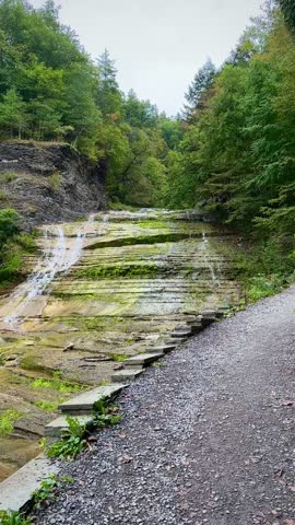 Hiking Towards a Slanted Rocky Waterfall (Buttermilk Falls State Park, Ithaca, New York, USA)