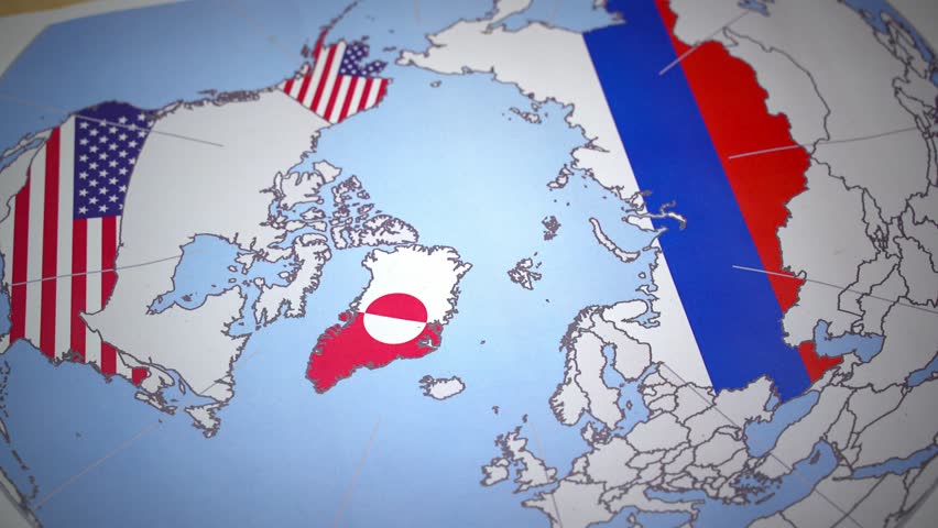 Diplomatic crisis between the United States and Denmark over the territorial sovereignty of Greenland, with a man planting an American flag on the arctic island in a geopolitical dispute