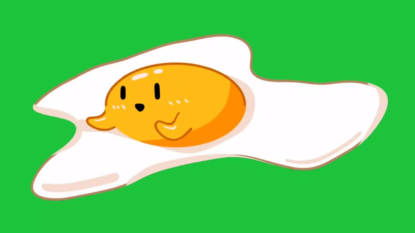Cute fried egg cartoon character smiling on green screen background isolated for animation chroma key and fun food design