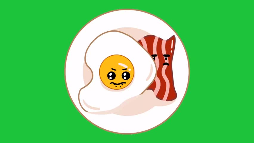 Funny fried egg and bacon cartoon characters on plate isolated on green screen background for animation and chroma key use