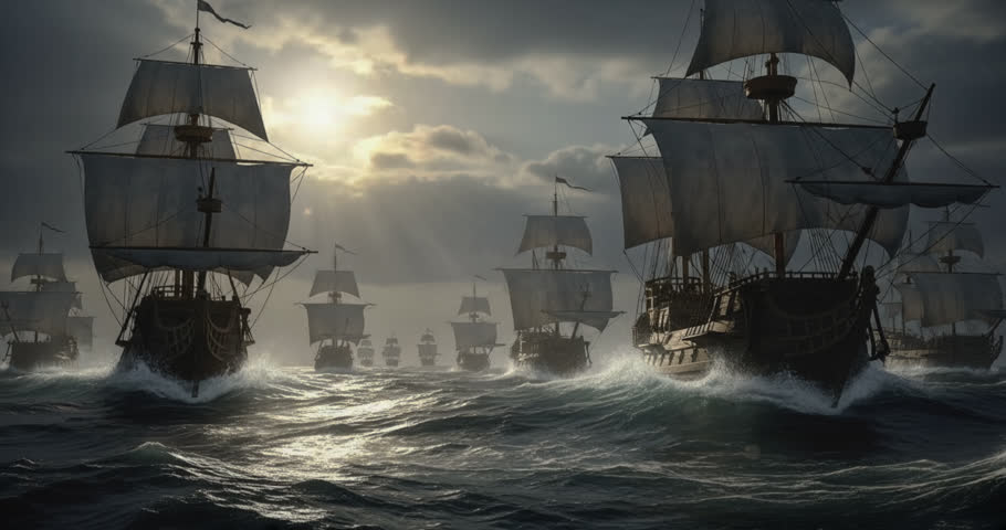 Pirate Ships Sailing through fierce stormy