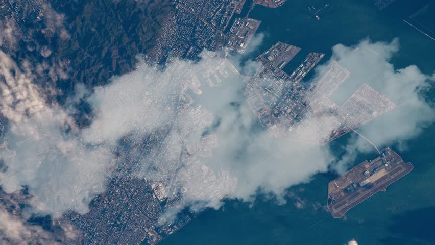 Aerial Flyover of Kobe Japan with Moving Clouds, Cinematic Satellite View animation based on image by Nasa