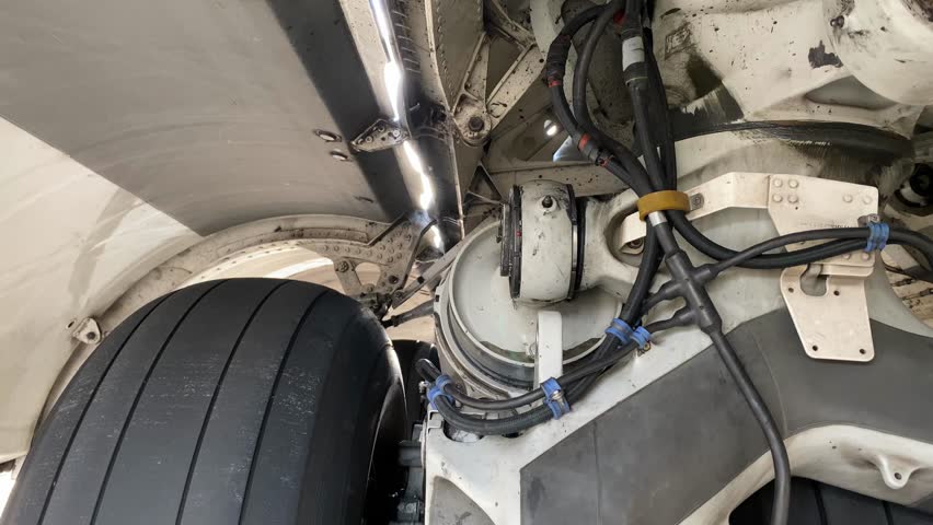 Detailed view of an aircraft landing gear wheel with hydraulic lines and structural supports. Large tires and metal components show aviation engineering and ground safety.