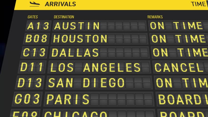 2 Digital airport arrivals board showing flight destinations times status