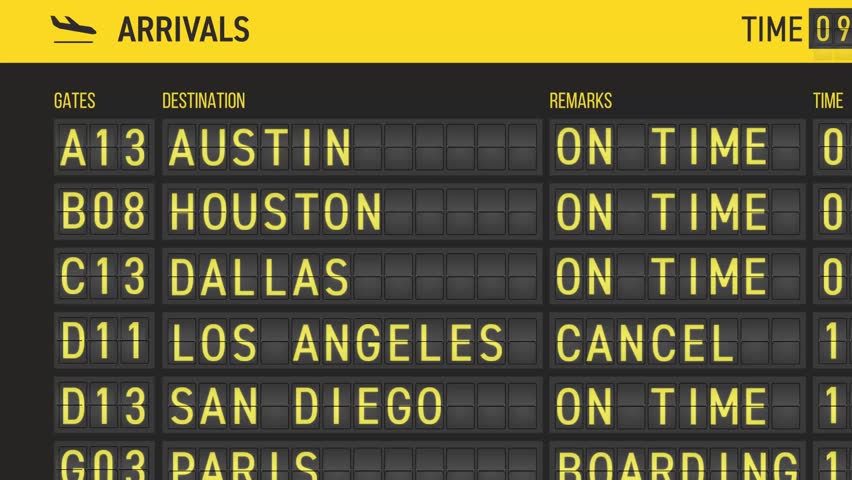 3 Electronic airport arrivals board displaying destinations times status