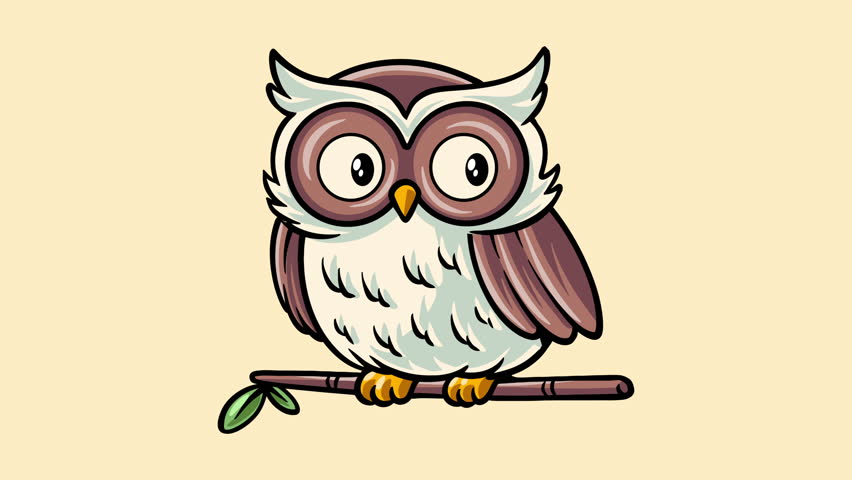 Cute owl cartoon illustration perched on tree branch with big eyes. Animation Bird on yellow background for visual. Animal animation 4K Video