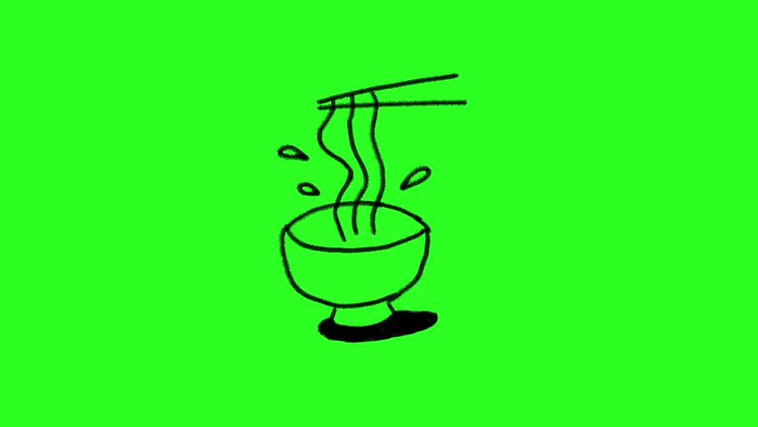 4K Hand drawn ramen noodles frame by frame animation on chroma key green screen background.