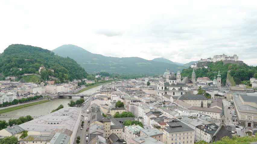 Historic cityscape of Salzburg under cloudy sky, featuring famous landmarks and Alpine mountains, Austria.