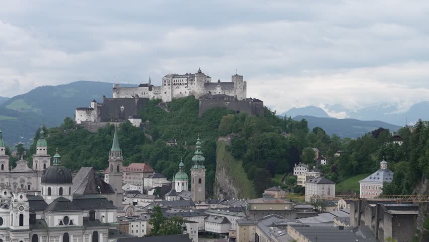 Close-up of Hohensalzburg Fortress on the hill above Salzburg old town, Austria.