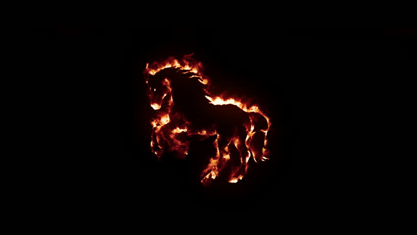 Realistic fire effect of horse silhouette with burning flames on black background