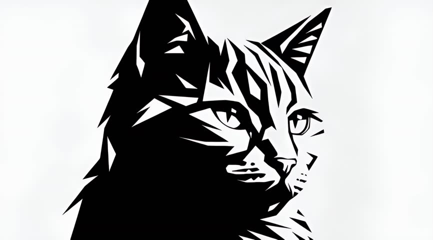 A black and white video illustration of a cat's head and shoulders, depicted in a sharp, angular style.  