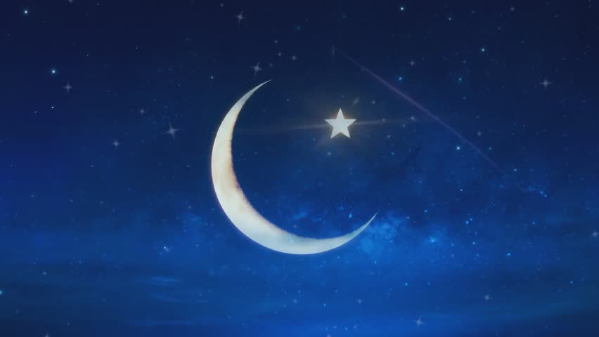 Crescent Moon and Star in Blue Night Sky with Shooting Stars Background