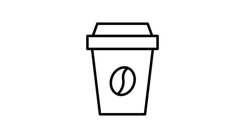 Animated black outline drawing of a takeaway coffee cup falling isolated on a white background