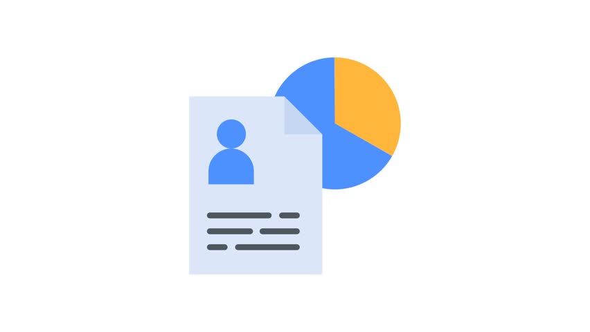 Animated icons of a user report, pie chart, and a green checkmark appearing on a white background