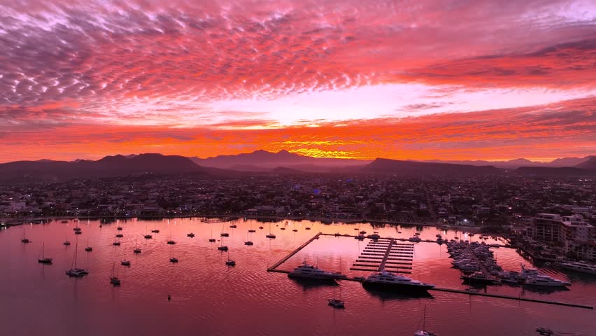 Areal Shot Of Sailing Boats Anchored At Harbor At Sunset, Beautiful Baja , La Paz Mexico