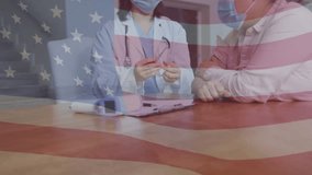 Animation of flag of usa over asian doctor and patient wearing face masks. Global medicine, healthcare and digital interface concept digitally generated video. - Powered by Shutterstock - Get 15% off with code: PIKWIZARD15