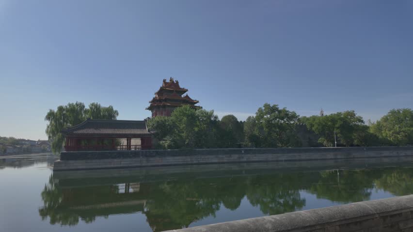 4K Video of an ancient palace and other historical buildings on the other side of the surrounding canal in China