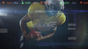 Animation of statistical data processing over african american male rugby player holding rugby ball. Sports and business technology concept - Powered by Shutterstock - Get 15% off with code: PIKWIZARD15
