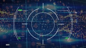 Animation of scope scanning and digital icons over yellow spots and digital wave on blue background. Computer interface and business technology concept - Powered by Shutterstock - Get 15% off with code: PIKWIZARD15