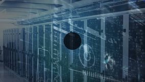 Animation of globe, radar, dna helix, loading bars and connected icons over server room. Digital composite, multiple exposure, globalization, communication, molecule, networking, technology. - Powered by Shutterstock - Get 15% off with code: PIKWIZARD15