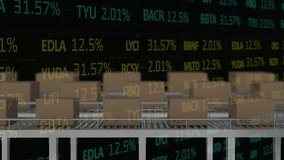 Animation of stock market data processing and binary coding against delivery boxes on conveyer belt. Global economy and logistics business technology concept - Powered by Shutterstock - Get 15% off with code: PIKWIZARD15