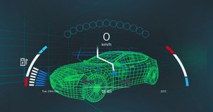 On startup 3D wireframe car rotating, speed gauge filling, battery gauge dimming showing telemetry. Virtual, futuristic, technology, dashboard, interface, animation, motion - Powered by Shutterstock - Get 15% off with code: PIKWIZARD15
