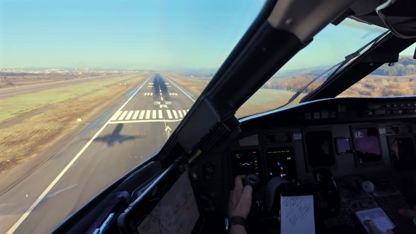 Immersive cockpit view with the hand of the pilot commading the flight controls in a real time landing at Madrid airport (MAD) early in the morning, with a view of the shadow on the runway.