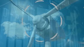 Animation of interface with data processing over spinning windmill against clouds in the blue sky. Renewable energy and business technology concept - Powered by Shutterstock - Get 15% off with code: PIKWIZARD15