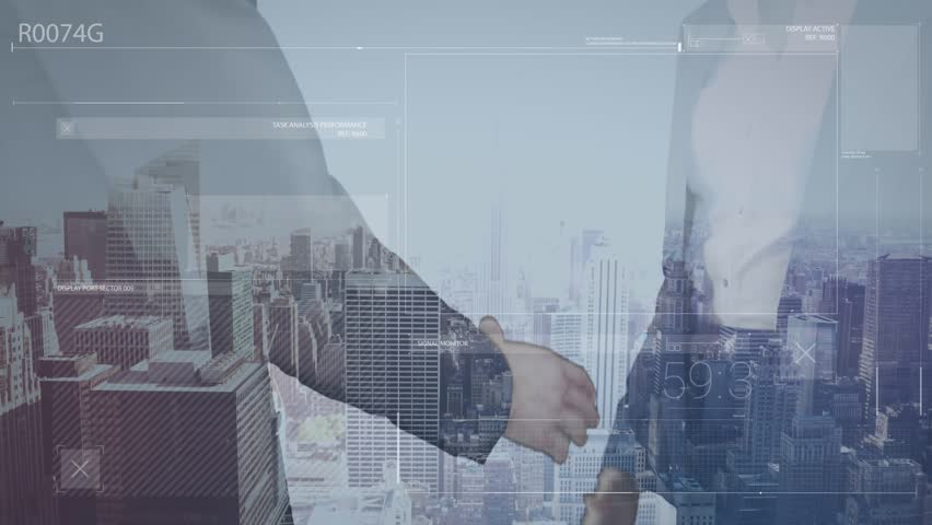 Animation of data processing and caucasian business people shaking hands over cityscape. Global business and digital interface concept digitally generated video.