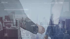 Animation of data processing and caucasian business people shaking hands over cityscape. Global business and digital interface concept digitally generated video. - Powered by Shutterstock - Get 15% off with code: PIKWIZARD15