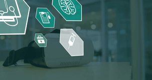 Animation of medical icons over vr headset. Global business and digital interface concept digitally generated video. - Powered by Shutterstock - Get 15% off with code: PIKWIZARD15