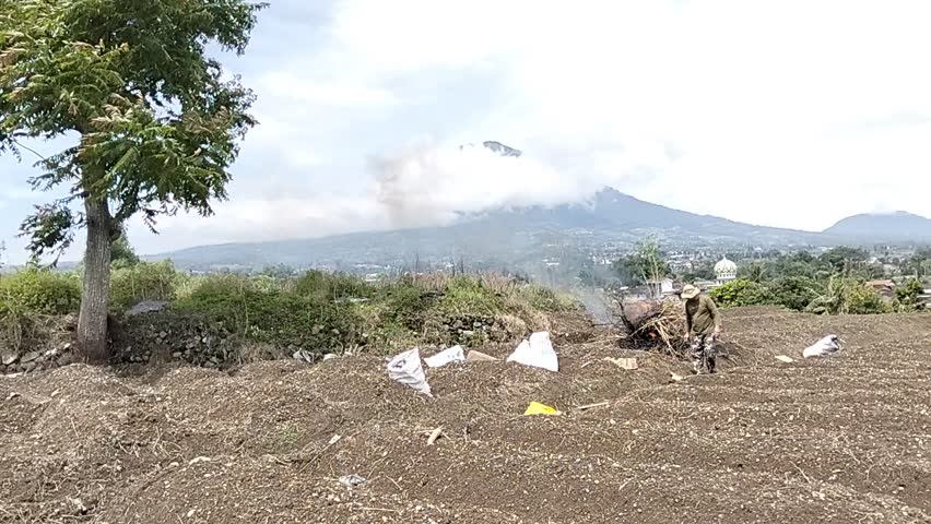 A farmer working in a plowed field with a mountain view background. Concept of traditional agriculture, rural lifestyle, and organic farming.