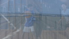 Animation of statistical data processing over team of male basketball players playing basketball. Sports technology concept - Powered by Shutterstock - Get 15% off with code: PIKWIZARD15