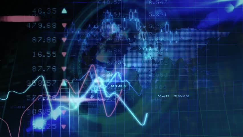 Analyzing financial data and stock market graphs with digital world map animation. Finance, analysis, investment, economy, markets, global