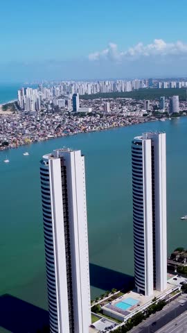 Famous Twin Towers at downtown Recife Pernambuco Brazil. Panoramic view of tourism landmark at Recife Brazil. Capital city of Pernambuco state. Tropical destination.