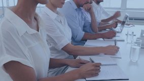 Animation of world map and data processing over diverse business people in office. Global business, finance, data processing and networking concept digitally generated video. - Powered by Shutterstock - Get 15% off with code: PIKWIZARD15