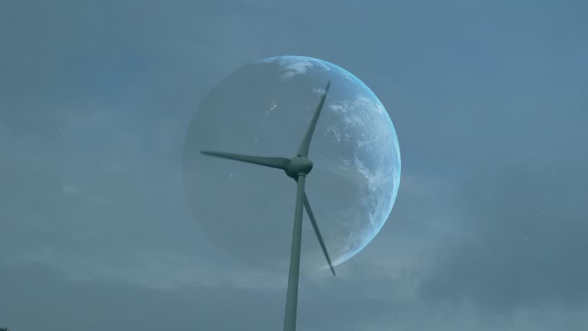 Animation of financial data and globe over wind turbine. Eco power, green energy, global finance and economy concept digitally generated video.